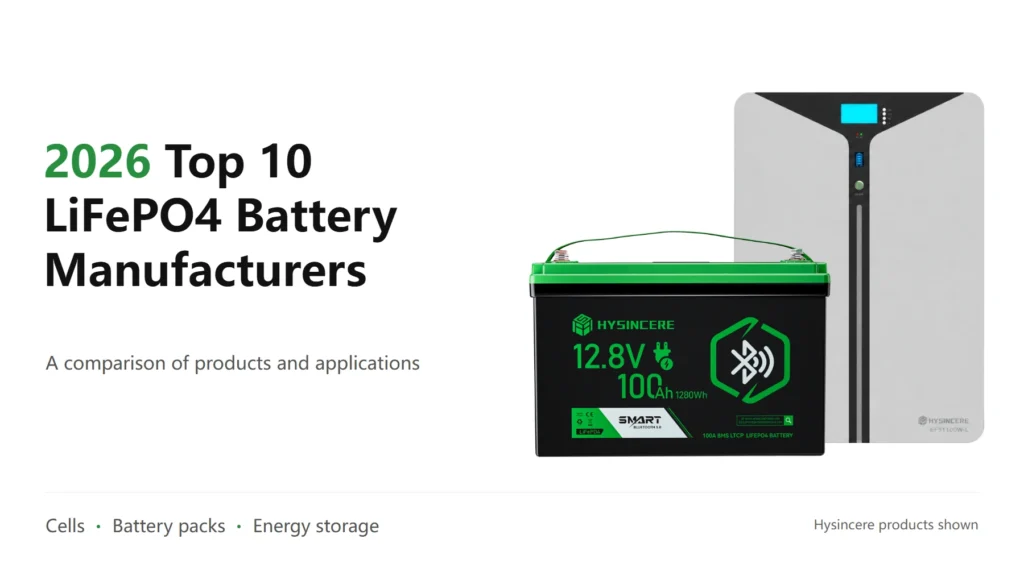 LiFePO4 battery manufacturer comparison cover featuring Hysincere Bluetooth and wall-mounted storage batteries