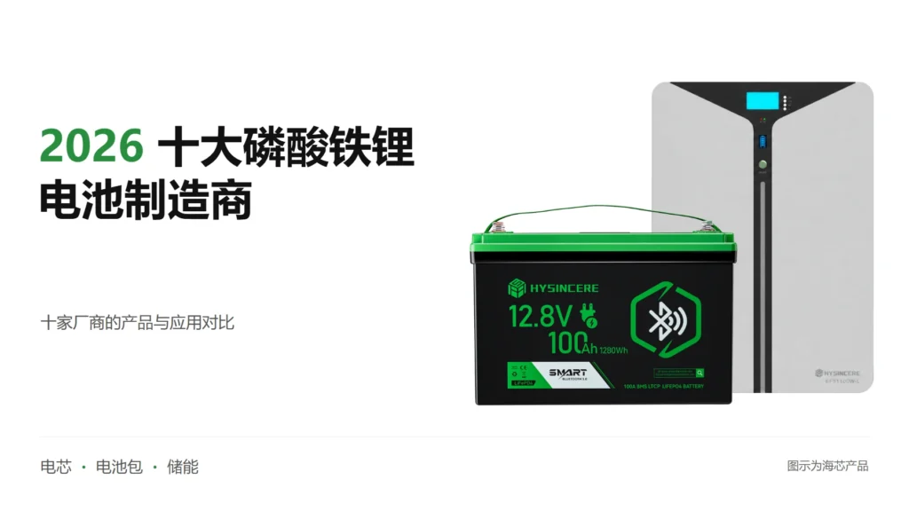 磷酸铁锂电池制造商对比文章封面，展示海芯蓝牙电池和壁挂式储能电池