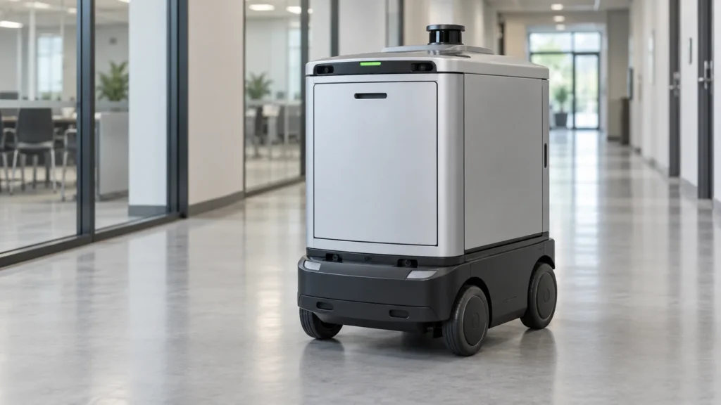 Wheeled delivery robot with an enclosed cargo compartment in a facility corridor