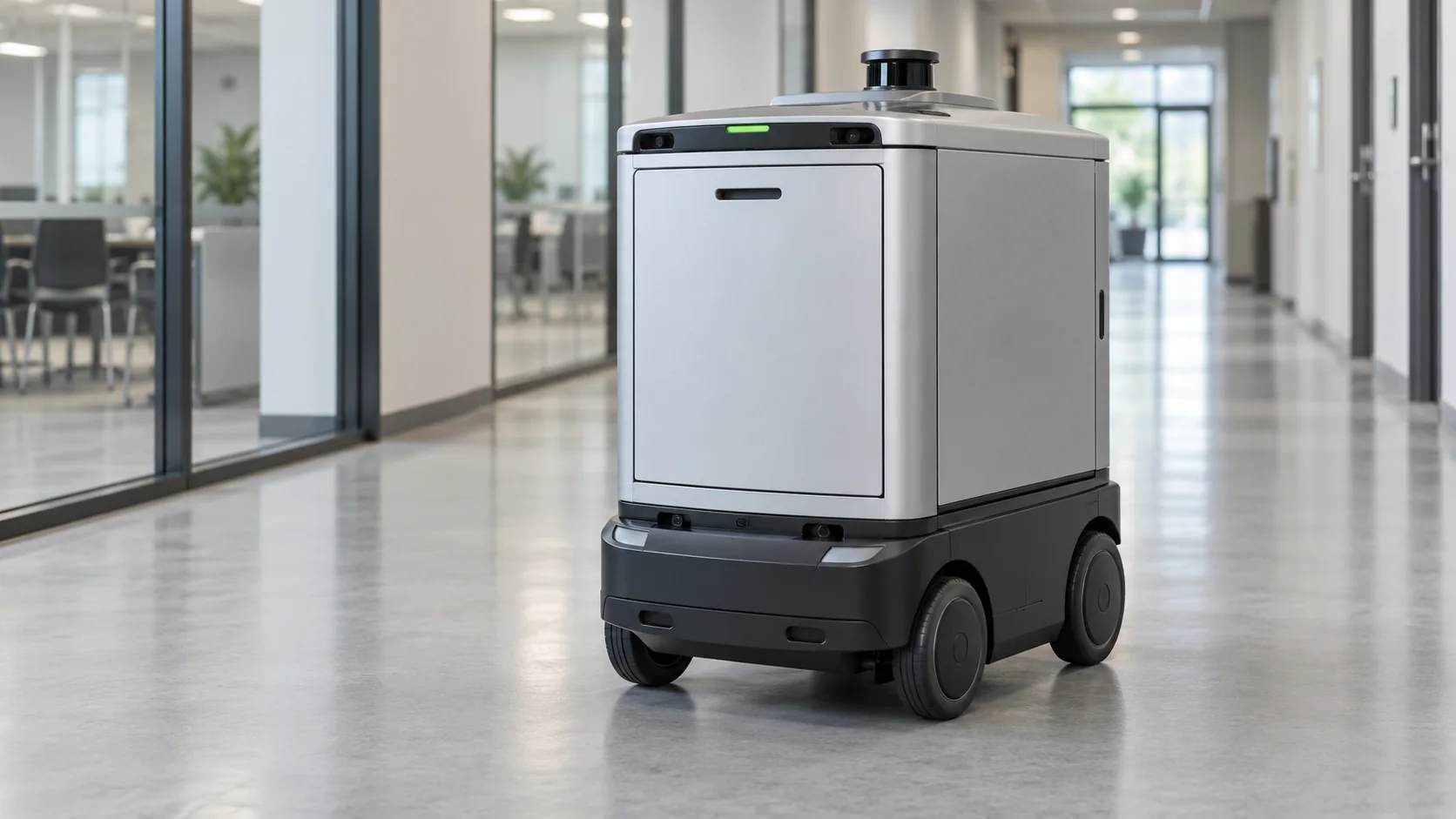 Wheeled delivery robot with an enclosed cargo compartment in a facility corridor