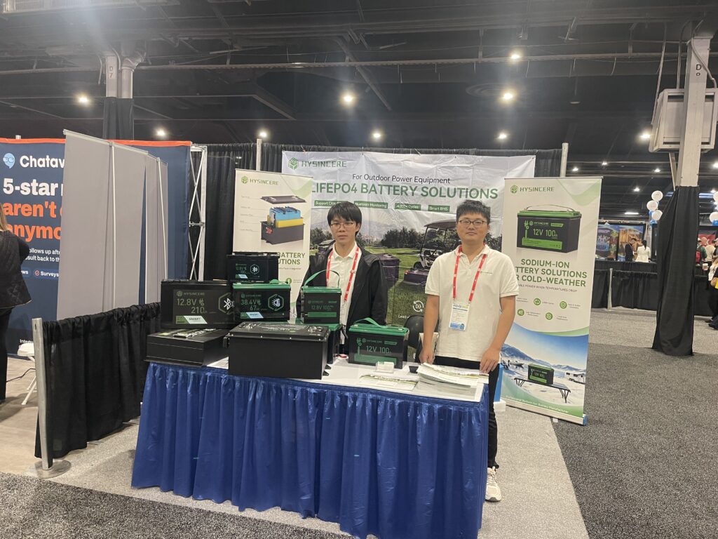 Hysincere team standing behind the battery display at Equip Expo 2026