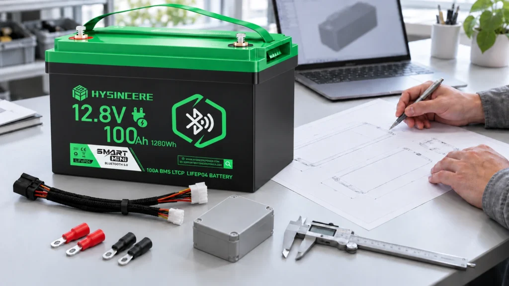 Hysincere LF12100N-B battery beside wiring, drawings and measuring tools in a planning scene