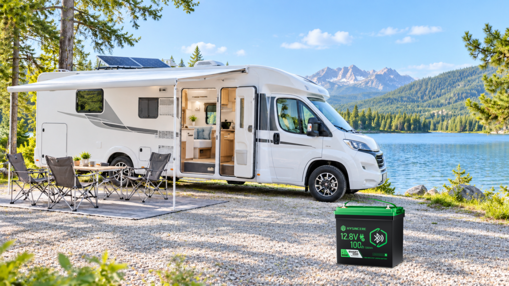 Hysincere LF12100N-B battery resting on gravel with a motorhome at a bright lakeside campsite