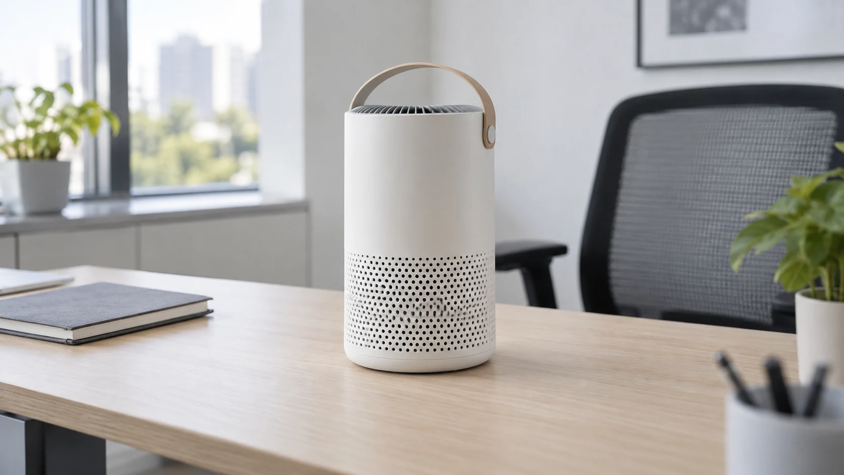 Portable air purifier on an office desk