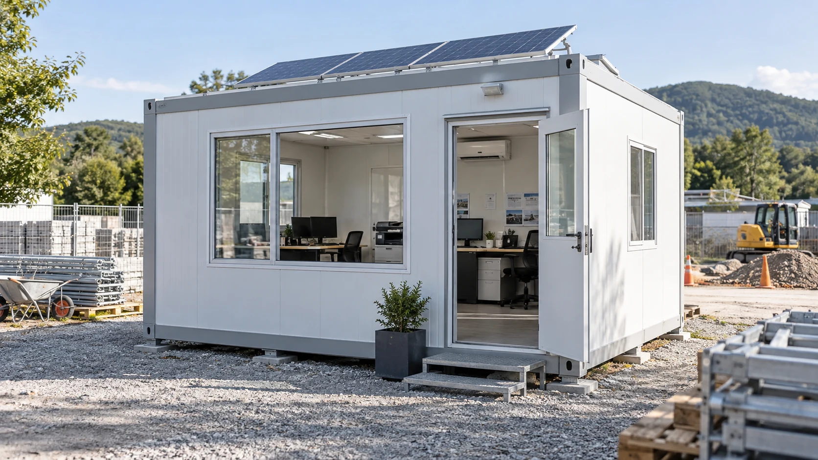 Mobile office cabin with rooftop solar panels