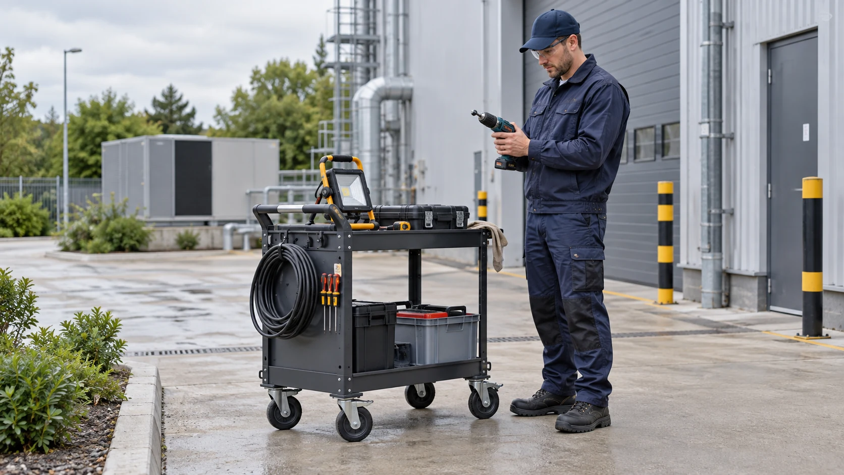 Technician with a wheeled tool trolley and work light outdoors